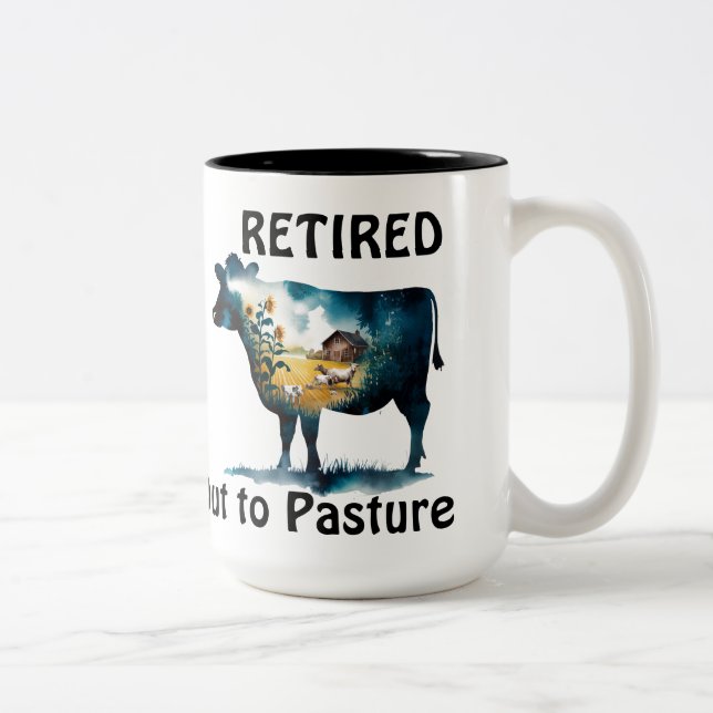 Funny Cow Farm Theme Retirement Out to Pasture Two-Tone Coffee Mug (Right)