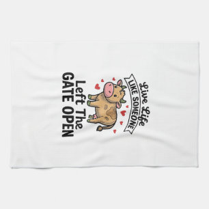Funny Cow Gate Open Vintage Engraving Shirt Design Kitchen Towel