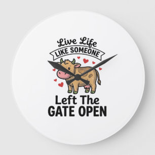 Funny Cow Gate Open Vintage Engraving Shirt Design Large Clock