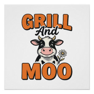 Funny Cow Grill And Moo Vintage T-Shirt Design_1 Poster