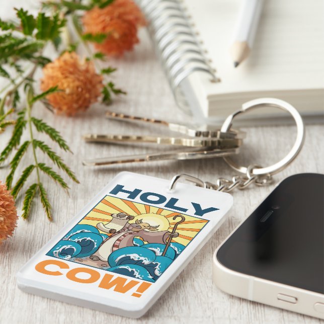 Funny Cow Holy Cow! Visual Pun Animal Cartoon Keychain (Front Right)