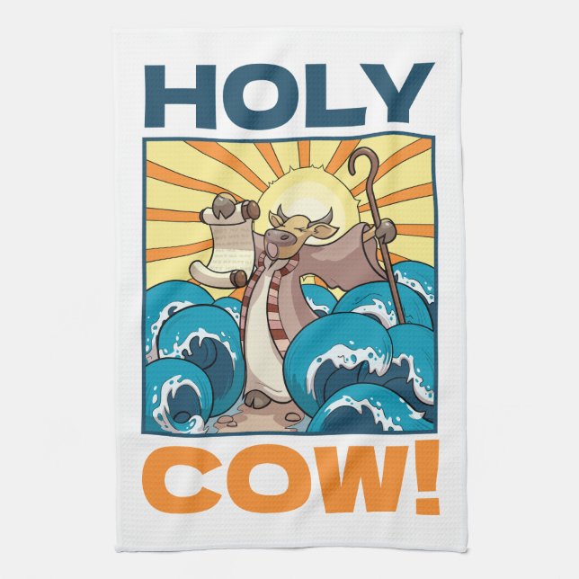 Funny Cow Holy Cow! Visual Pun Animal Cartoon Kitchen Towel (Vertical)