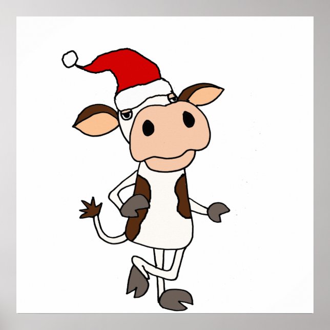 Funny Cow in Santa Hat Christmas Cartoon Poster (Front)