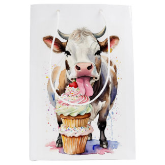 Funny Cow Licking Cupcakes For Cow Lovers Medium Gift Bag