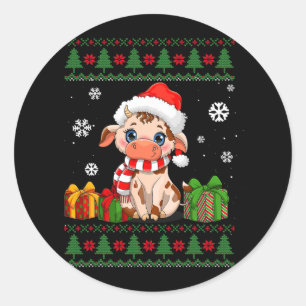 funny cow lovers cute cow santa hat ugly christmas classic round sticker