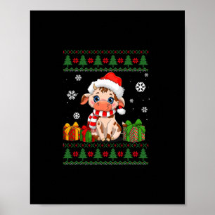funny cow lovers cute cow santa hat ugly christmas poster