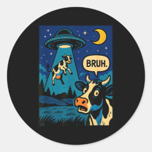 Funny Cow Meme Ufo Alien Zoo Boys Girls Kids  Classic Round Sticker