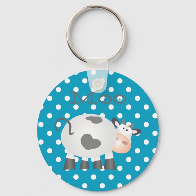 Funny Cow Moo And White Polka Dot Button Keychain (Front)