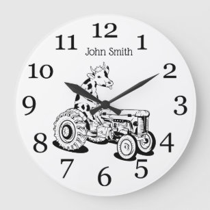 Funny cow on a tractor large clock