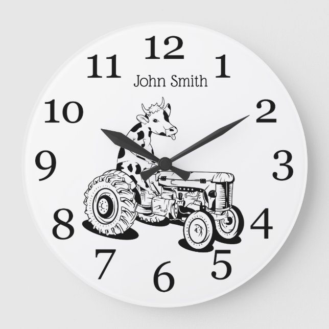 Funny cow on a tractor large clock (Front)