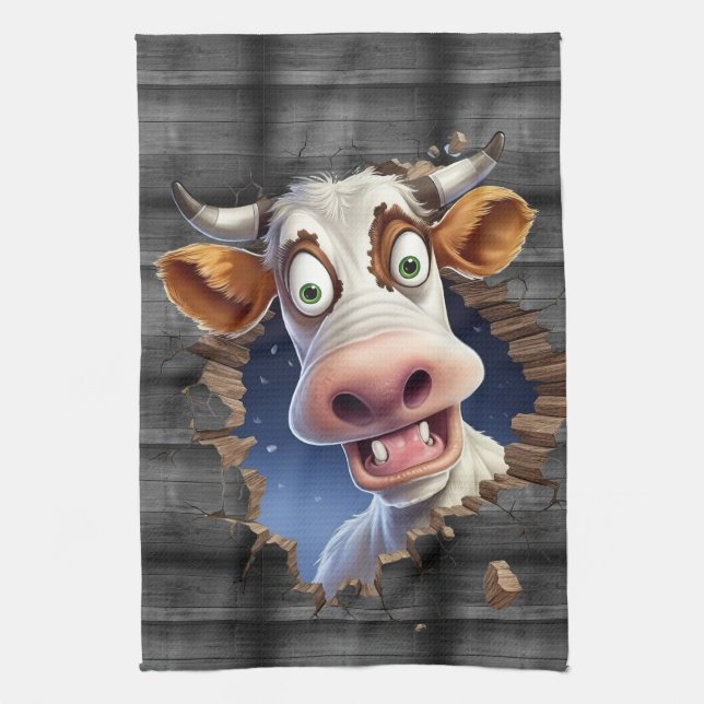 Funny cow peeking cartoon farmyard animals cute kitchen towel (Vertical)