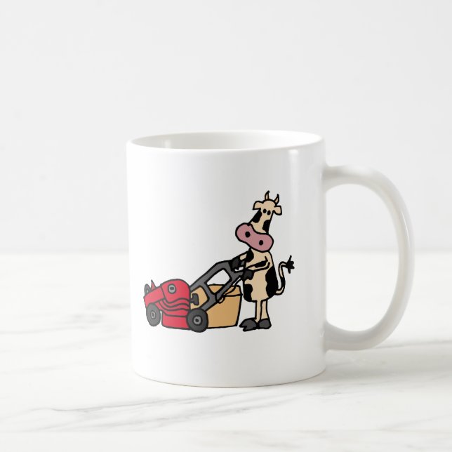Funny Cow Pushing Red Lawn Mower Cartoon Coffee Mug (Right)