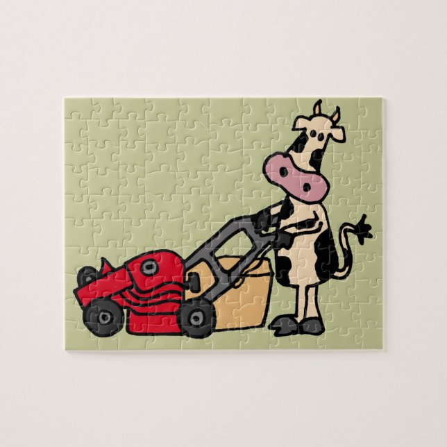 Funny Cow Pushing Red Lawn Mower Cartoon Jigsaw Puzzle (Horizontal)