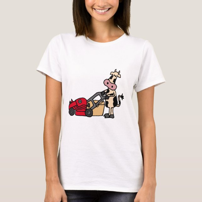 Funny Cow Pushing Red Lawn Mower Cartoon T-Shirt (Front)