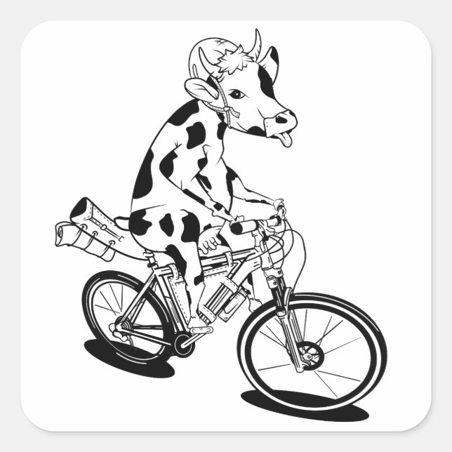 Funny cow riding a bike square sticker (Front)