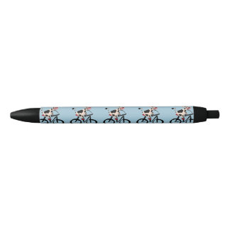 Funny Cow Riding Bicycle Art Black Ink Pen