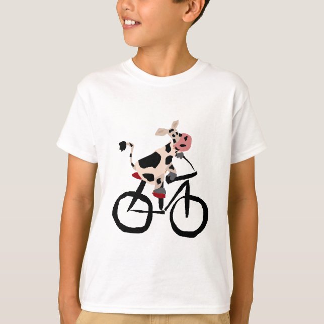 Funny Cow Riding Bicycle Art T-Shirt (Front)