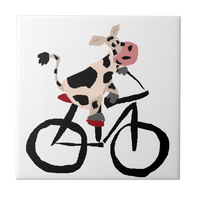Funny Cow Riding Bicycle Art Tile (Front)