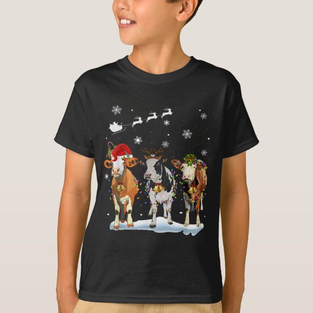 Funny Cow Santa Merry Christmas Xmas Lights Pajama T-Shirt (Front)