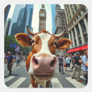 Funny Cow Selfie on a Busy City Street Square Sticker
