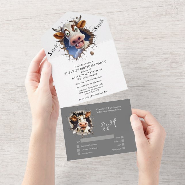 Funny cow surprise party dinner dance  all in one invitation (Tearaway)