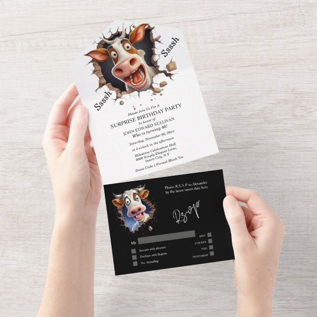 Funny cow surprise party retirement graduation all in one invitation (Tearaway)