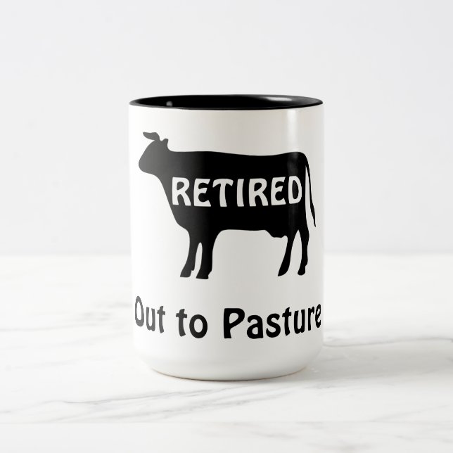 Funny Cow Theme Retirement Humour Out to Pasture Two-Tone Coffee Mug (Center)