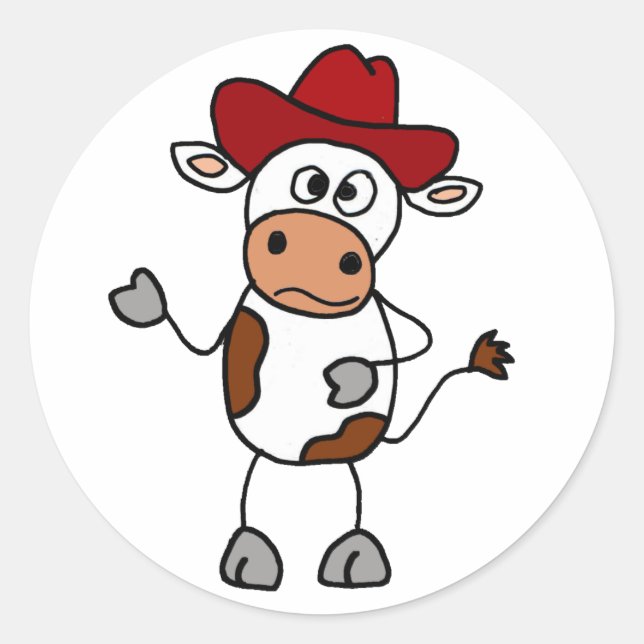 Funny Cow Wearing Red Cowboy Hat Classic Round Sticker (Front)