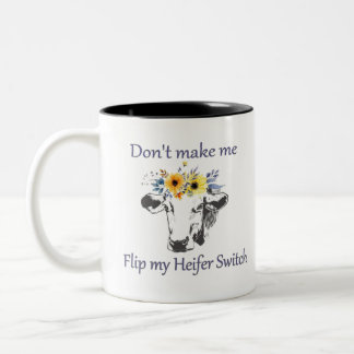 Funny cow with sunflowers Two-Tone coffee mug
