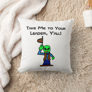 Funny Cowboy Alien Cartoon with UFO Abduction Throw Pillow