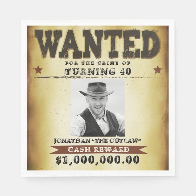 Funny Cowboy Birthday Party Theme Wanted Poster Napkin (Front)