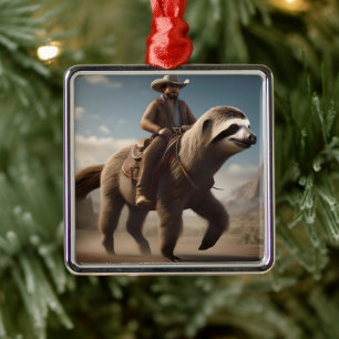Funny Cowboy Riding A Sloth Horse, Metal Ornament