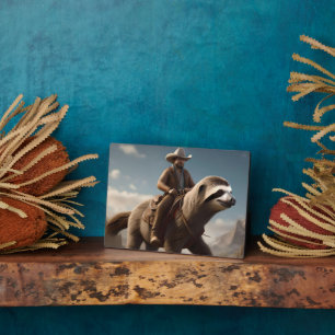Funny Cowboy Riding A Sloth Horse, Plaque