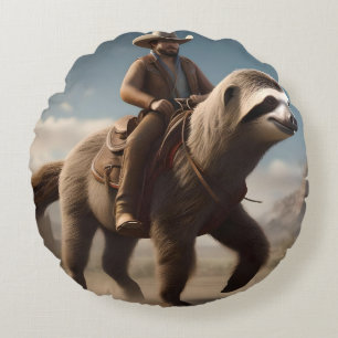 Funny Cowboy Riding A Sloth Horse, Round Pillow