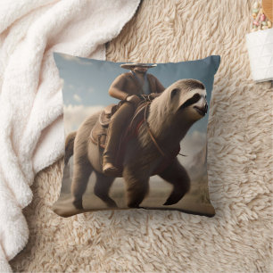 Funny Cowboy Riding A Sloth Horse, Throw Pillow