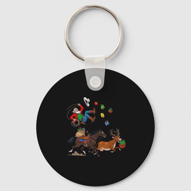 Funny Cowboy Santa Christmas Holiday Western Style Keychain (Front)