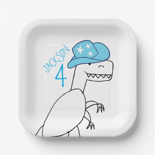 Funny Cowboy Trex Dinosaur Kids Birthday Paper Plate (Front)