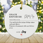 Funny Coworker Workplace Office Christmas Meme Art Ceramic Ornament<br><div class="desc">Add some humour to your holiday decor with our "Snack Enforcer" Ornament! Perfect for the unofficial office hero who keeps snack thieves in check and fridge crimes at bay. Featuring the witty definition: “The unofficial office judge of fridge crimes and snack thieves. Protector of communal coffee and leftover pizza, ”...</div>