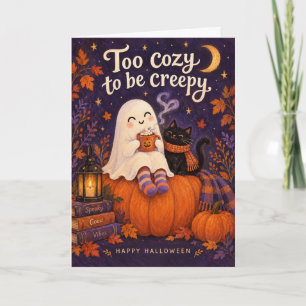 Funny Cozy Ghost and Black Cat Halloween Card