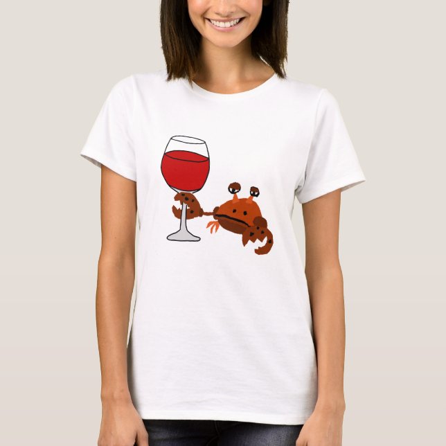 Funny Crab Drinking Wine Artwork T-Shirt (Front)