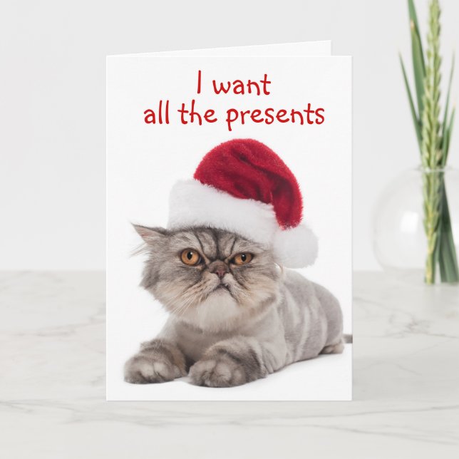 Funny Cranky Cat, "Je veux TOUS les cadeaux" carte (Devant)
