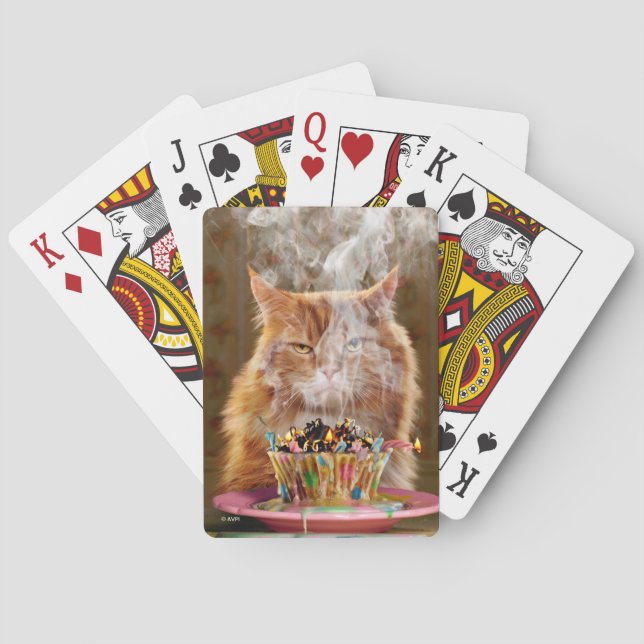 Funny Cranky Cat With Melted Birthday Cupcake Playing Cards (Back)