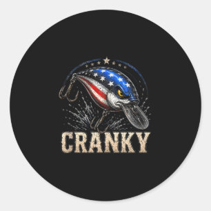 Funny cranky usa flag crankbait patriotic fishing classic round sticker