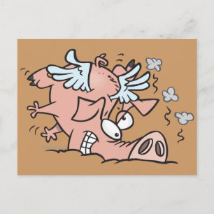 funny crash landing flying pig cartoon postcard