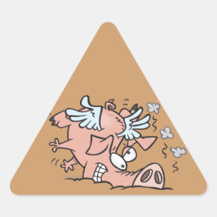 funny crash landing flying pig cartoon triangle sticker