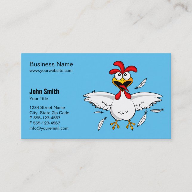 Funny Crazy Cartoon Chicken Light Blue Background Business Card (Front)