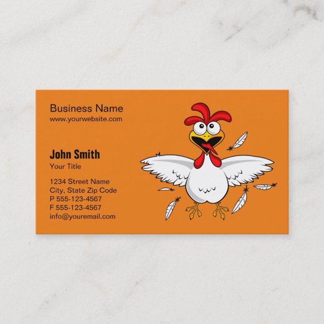 Funny Crazy Cartoon Chicken Orange Background Business Card (Front)