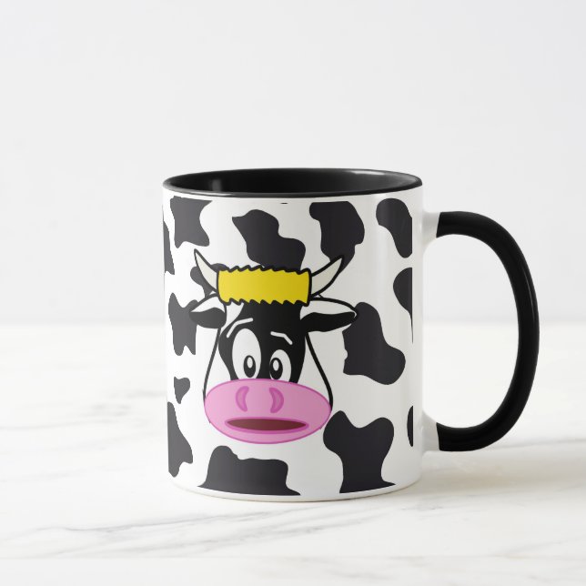 Funny Crazy Cow Bull on Dairy Cow Print Pattern Mug (Right)