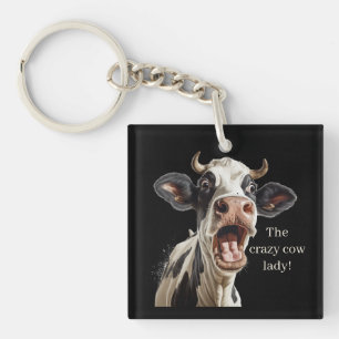 Funny crazy cow lady customizable keychain