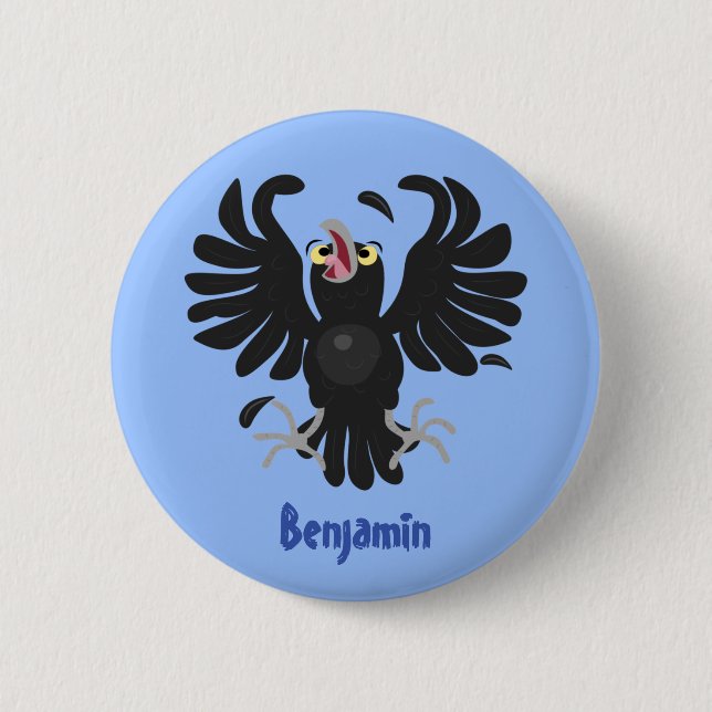 Funny crazy crow raven cartoon illustration 2 inch round button (Front)